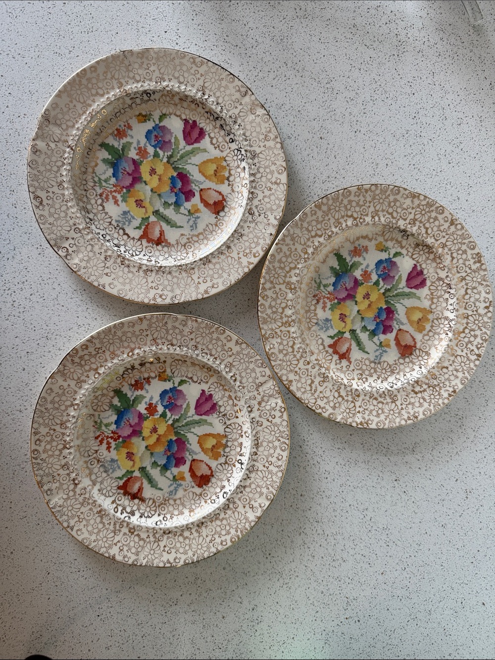 Vintage H&K Tunstall Salad Plates in the "Old English Sampler" pattern